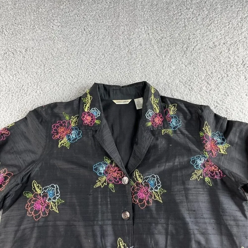 Vintage Laura Ashley Jacket Womens Large Blazer Silk Floral Embroidered Boho‎